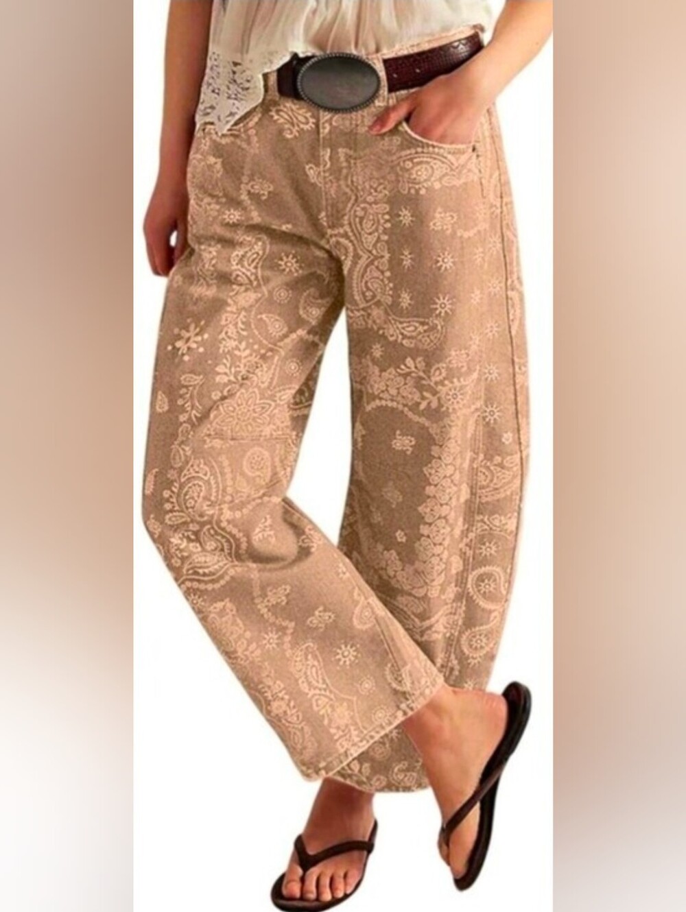 Loveimgs Women Boyfriend Baggy Barrel Khaki Paisley Jean Size Medium US 8-10 NWT